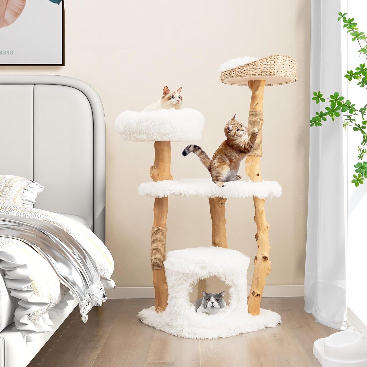 Tangkula Cat Tree Tower, Solid Wood Modern Cat Tower with Top Cattail Basket Bed, Side Perch, Large Platform & Condo, Cute Cat Tree with Scratching Posts for Indoor Cats Large Adult