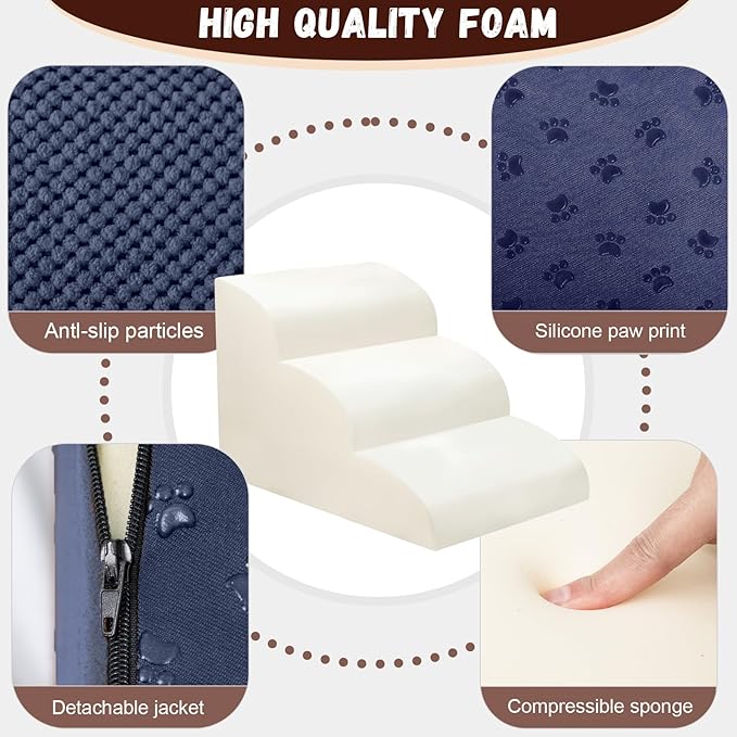 Dog Stairs for Small Dogs - High Density Foam Pet Steps, Extra Wide Dog Ramp with Non-Slip Bottom for High Beds, Couch and Sofa, Best for Dogs Injured, Older Doggy Cats, 3 Steps, Navy