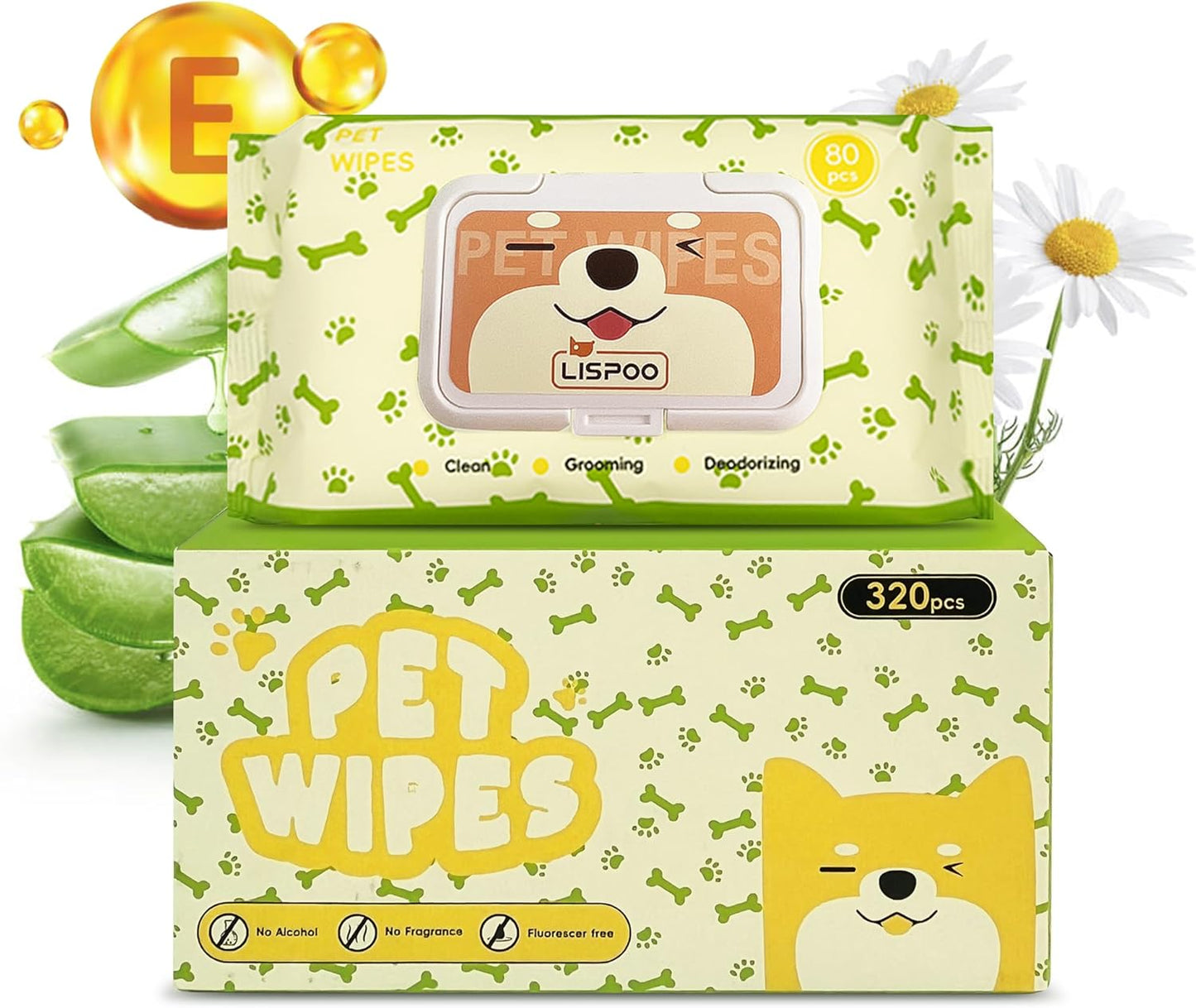 Pet Wipes -Cleaning and Grooming for All Pets, Alcohol-Free Portable Pack, Gentle for Face, Body, Paws and Butt-Thick Nonwoven Fabric-320 Count