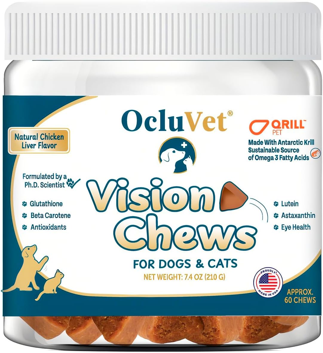 Vision Chews Eye Supplements for Dogs & Cats with Omega 3 Krill, Astaxantin, Choline, Lutein, Glutathione, Cat Vision Supplement & Dog Eye Supplements, Chicken Liver Flavor, 60 Chews, 3.5g Each
