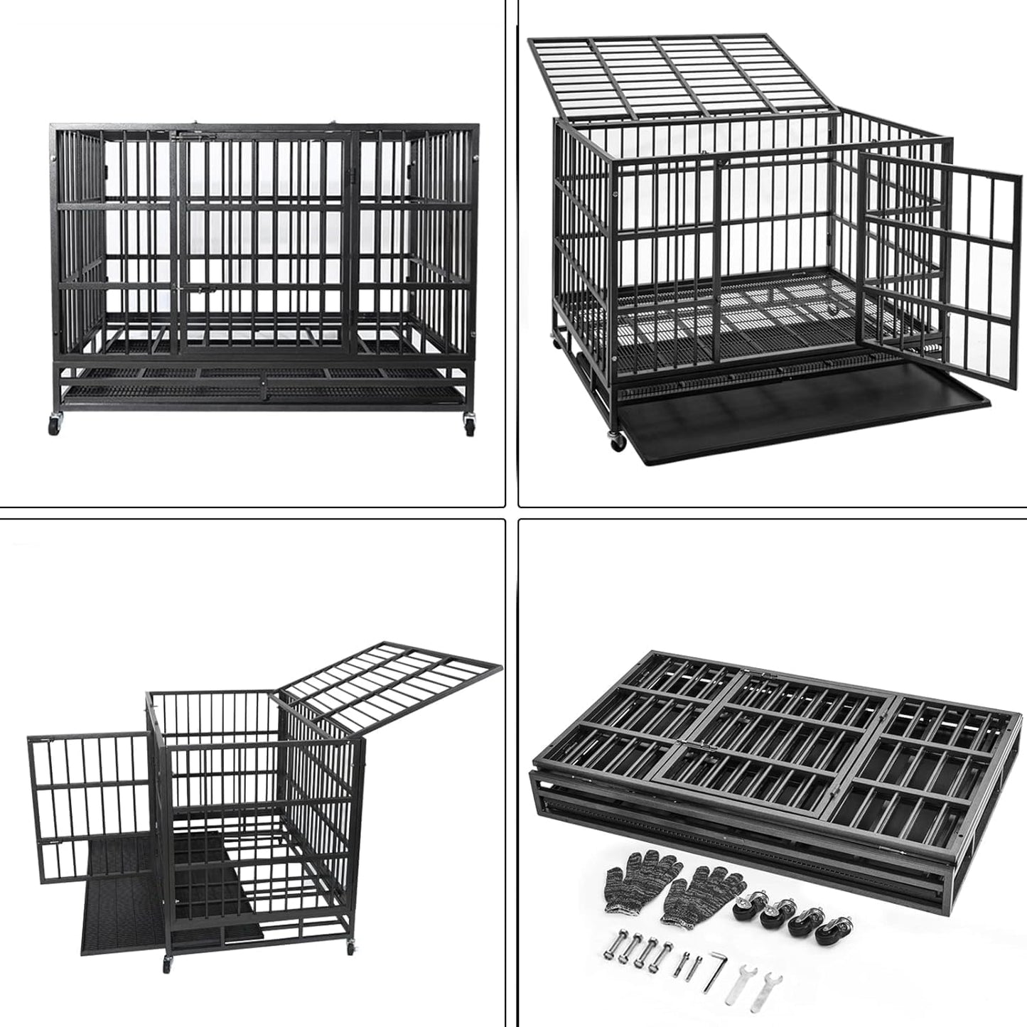 Oranland 48/38 Inch Heavy Duty Dog Crate Cage Kennel with Wheels, High Anxiety Indestructible, Sturdy Locks Design, Double Door and Removable Tray, Extra Large XL XXL
