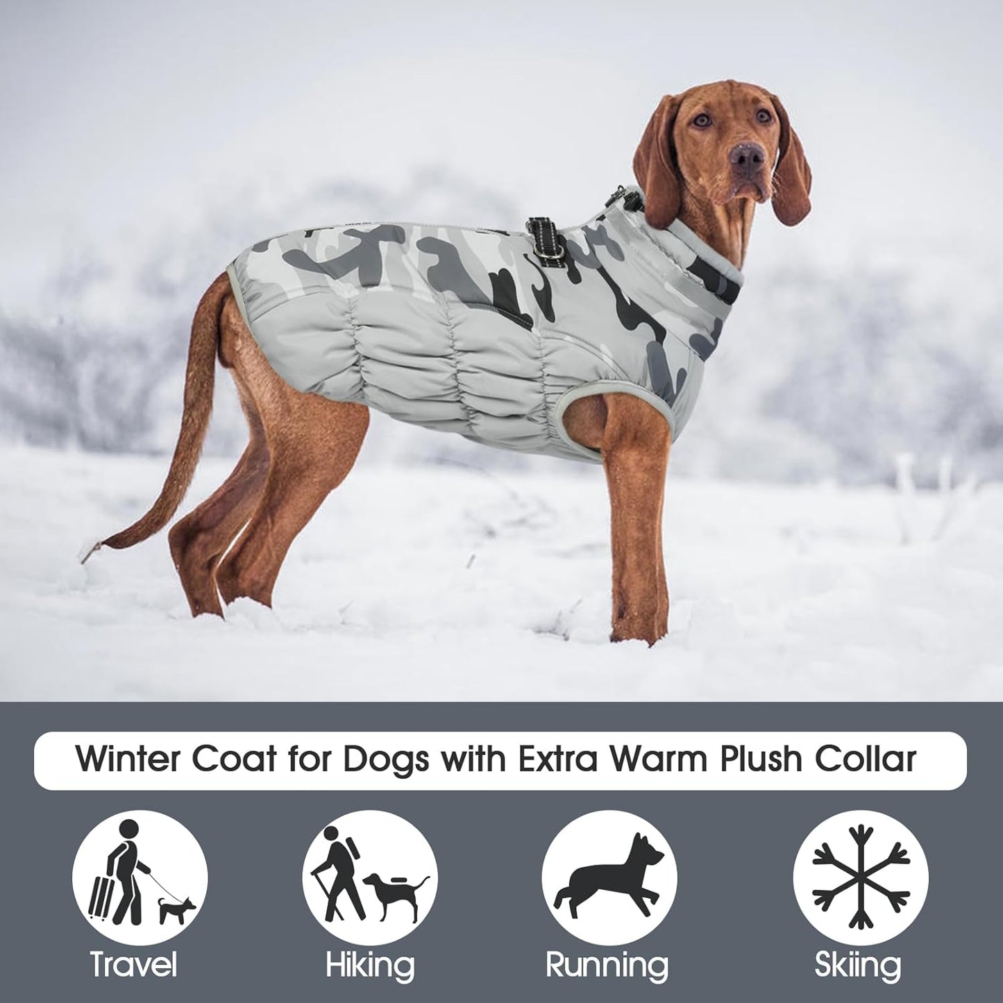 FUAMEY Dog Coat for Large Dogs,Waterproof Dog Winter Jacket with Harness Built in Puppy Cold Weather Coats Reflective Pet Vest with Zipper Warm Fleece Dogs Snowsuit Windproof Grey Camo XXL