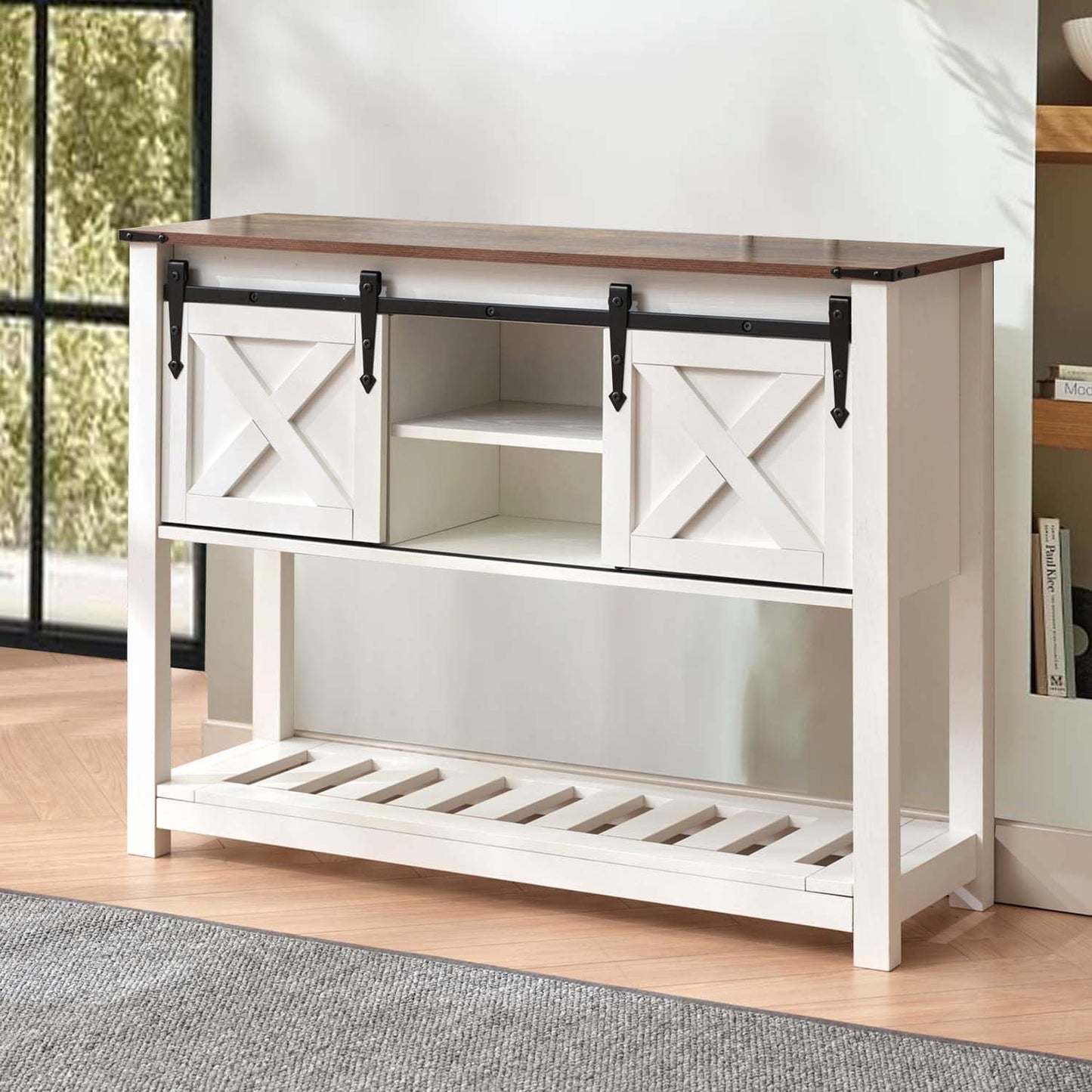 Entryway Table with Storage, Farmhouse Buffet Cabinet Coffee Bar Kitchen Island with Sliding Barn Doors & Shelves, Console Table for Kitchen, Dining Room, Living Room, White