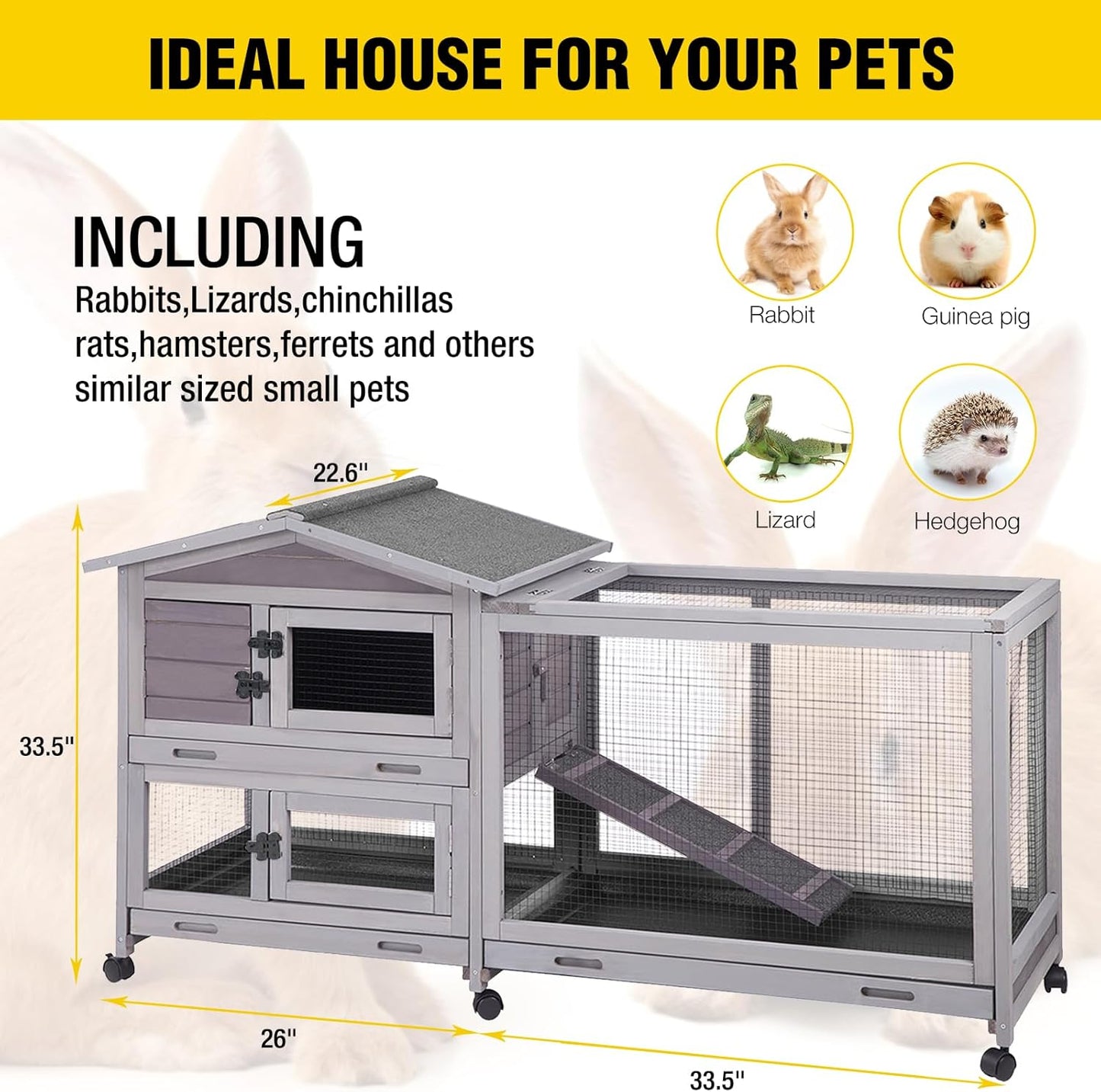 Aivituvin Rabbit Hutch Outdoor Rabbit Cage Indoor with Casters Bunny Cage Chikcen Coop for Small Animals with Pull-Out Tray(Grey)