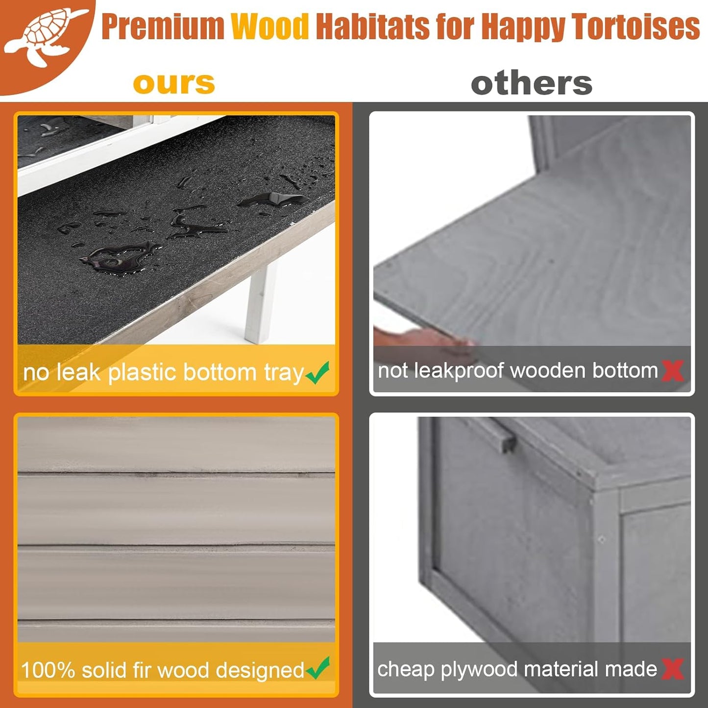 Tortoise Habitat Large Wooden Tortoise Enclosure Habitat with No-Leaking Tray Indoor & Outdoor, Reptile Cage for Small Animals TOR03-Grey