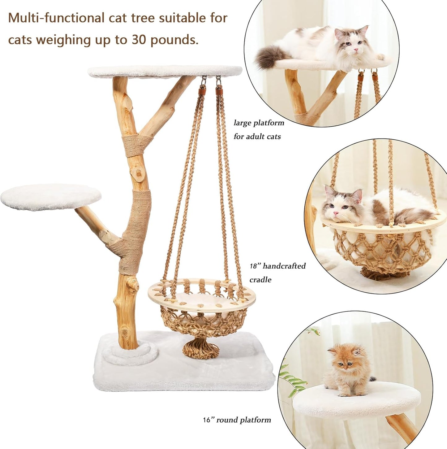50" Tall Cat Tree Tower, Modern Cat Tree for Indoor Cats, Washable Wooden Perchs and Climbers for Large Cats, Cute Cat Furniture with Unique Cat Swing