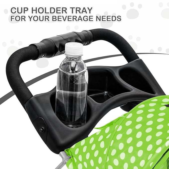 MoNiBloom 3 Wheels Pet Dog Cat Stroller for Small Medium Dogs Cats, Foldable Jogger Stroller w/Storage Basket and Cup Holder, Lawn Green Polka Dots