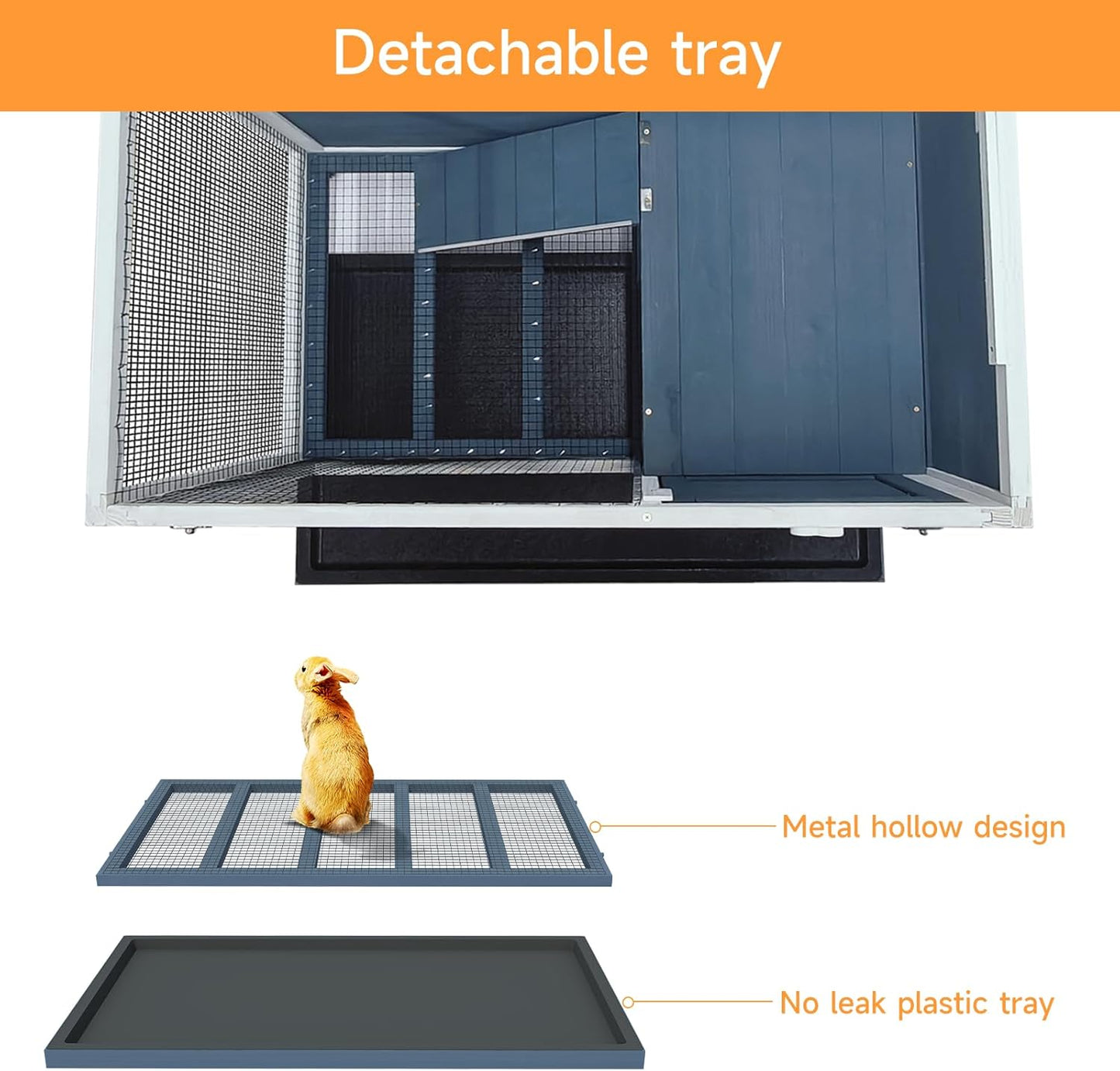 Two Floors Wooden Indoor Bunny Hutch Rabbit Cage on Wheels Guinea Pig PET House for Small to Medium Animals Waterproof No Leak Tray (M)
