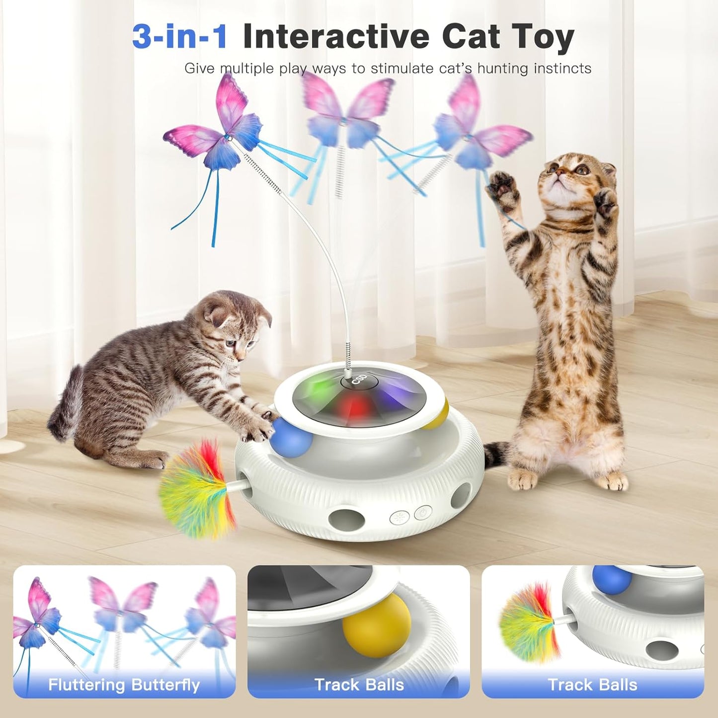 Automatic Interactive Cat Toys for Indoor Cats & Bored Adults - Kitten Toys with Fluttering Butterfly, Ambush Feather & Track Balls - Exercise & Stimulation for Playful Cats (Beige)