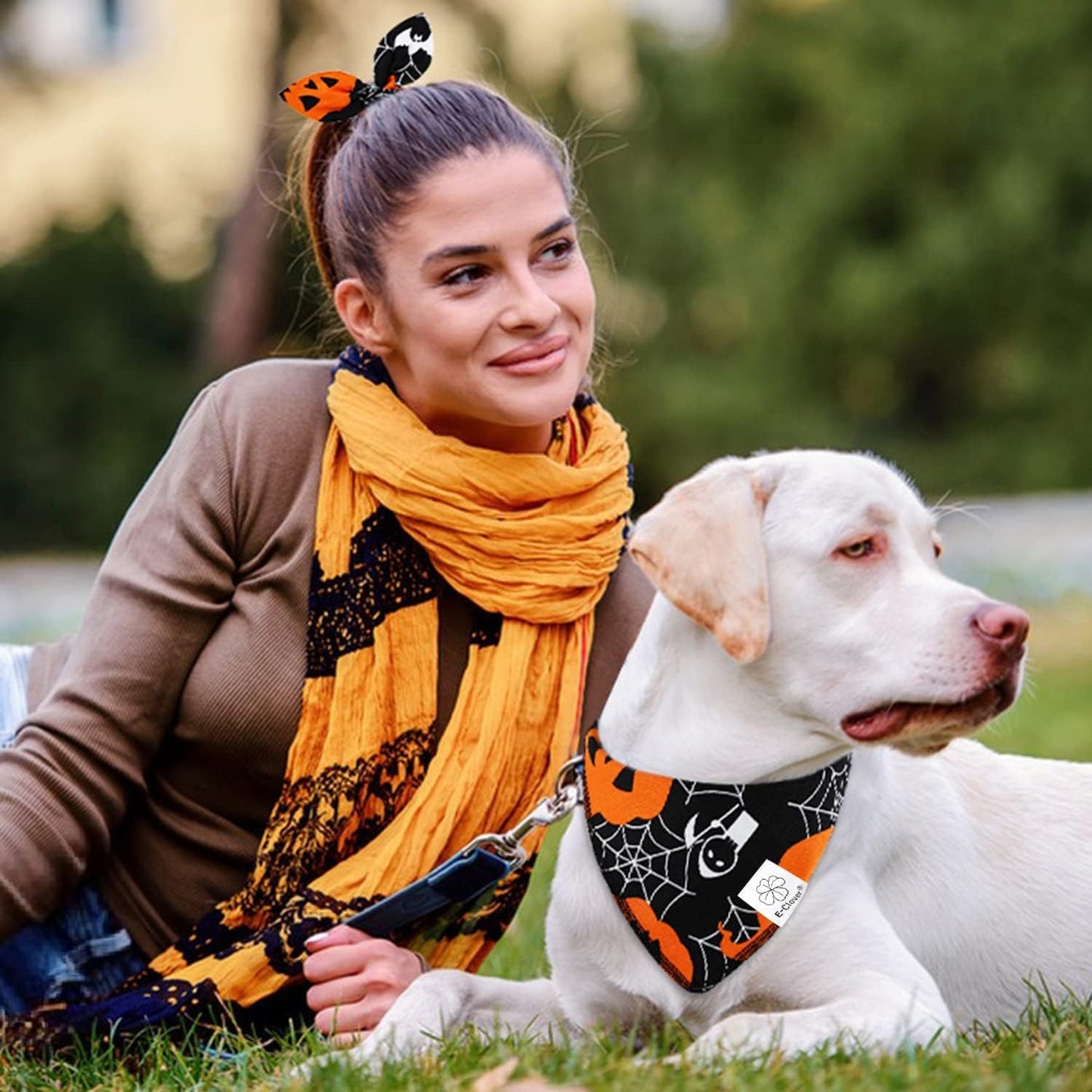 E-Clover Halloween Dog Bandanas-Pumpkin Dog Bandana Matching Scrunchie Triangle Pet Kerchief Scarf for Small Medium Large Dogs Pet Black