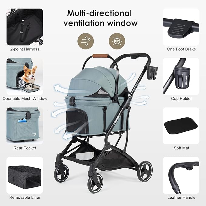 T3 3-in-1 Small Pet Stroller for Dog & Cats, 4 Wheels with Detachable Carrier with Pad, Canopy and Cup Holder (Green)