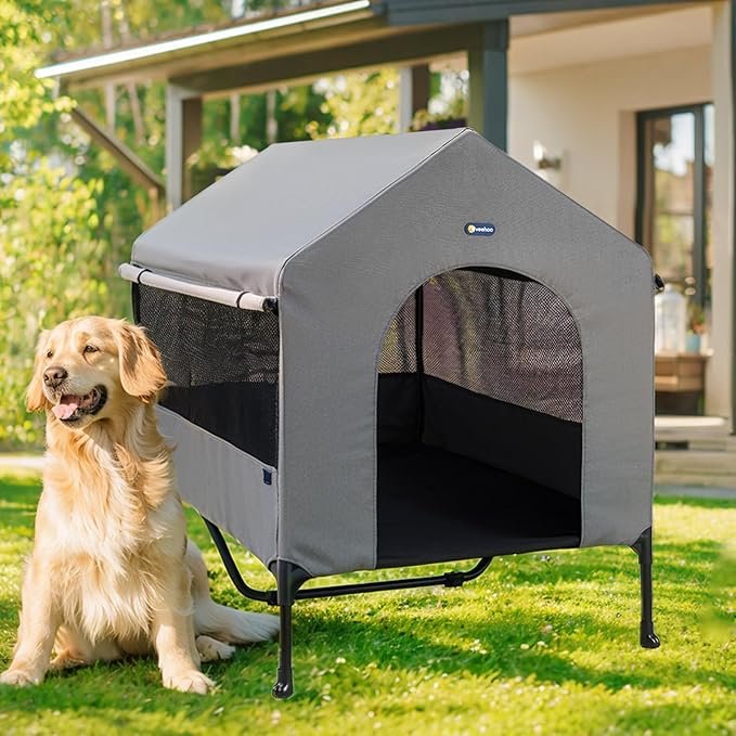 Veehoo 47" Dog House, 2-in-1 X-Large Dog House Outdoor Indoor Weatherproof, Outside Elevated Dog Cot Bed Dog Tent Shade, Three-Sided Breathable Mesh Windows and Sunshades, CWC2435CP