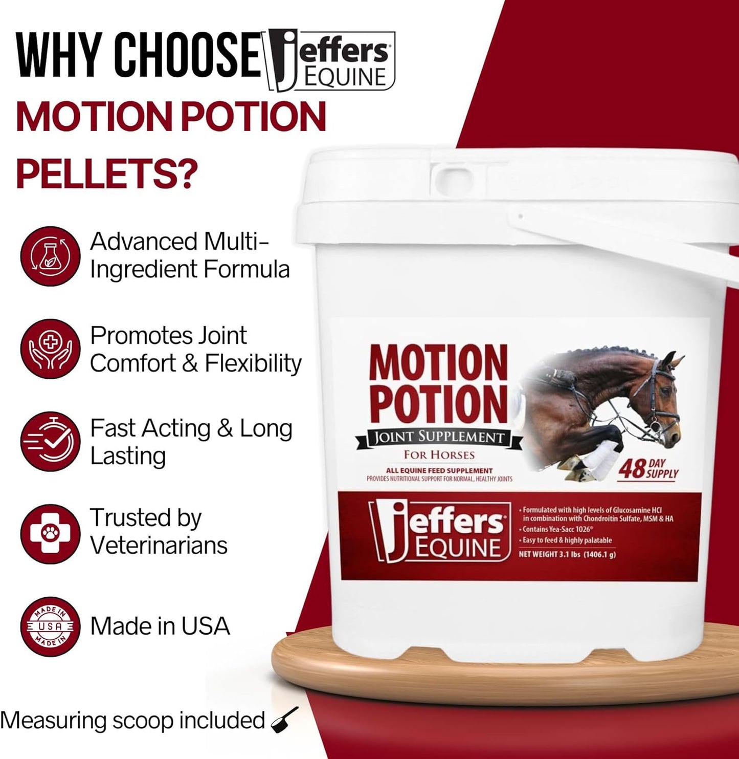 Jeffers Motion Potion Pellets Joint Supplement for Horses, 3.1lb- Glucosamine, MSM, Chondroitin, Hyaluronic Acid, & Vitamins. Daily Supplement for Safe, Easy to Feed, Fast Acting for Equine.