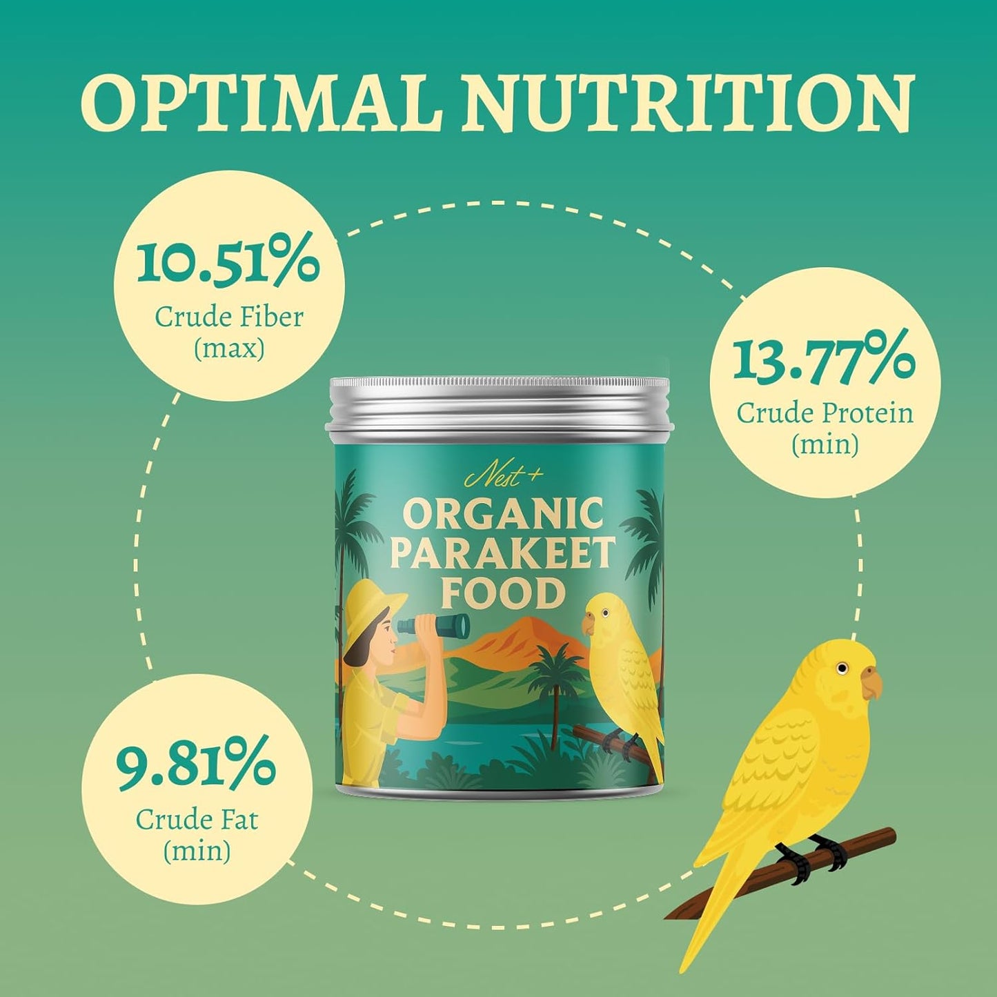 100% Organic Parakeet Food – Premium Bird Seed Mix with Oat Groats, Buckwheat, Amaranth, Super Veggies & Seeds – Reusable Tin + Stainless-Steel Scooper – Made in USA, Human Grade Ingredients (1lb)