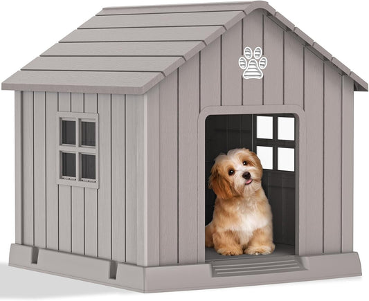 Vixzen 32in Large Outdoor Dog House,Durable Water Resistant Resin Dog House,Doghouse for Small to Large Dogs Indoor or Outside,with Air Vent and Elevated Floor,Gray