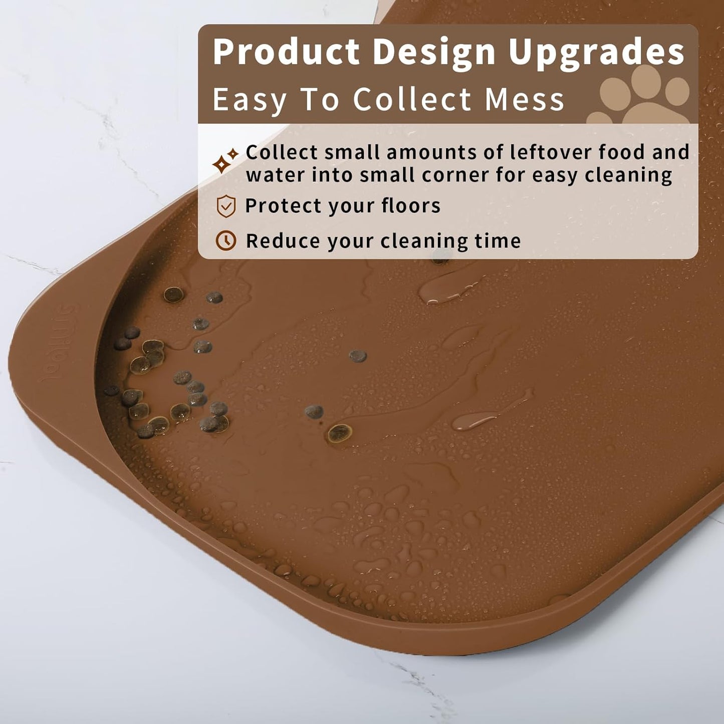 Silicone Pet Feeding Mat with Raised Edge & Residue Collection Pocket for Food and Water, Dog Bowl Mats, Cat Bowls Placemat with High Lip for Floor Waterproof, 22 x 14 x 0.8 Brown