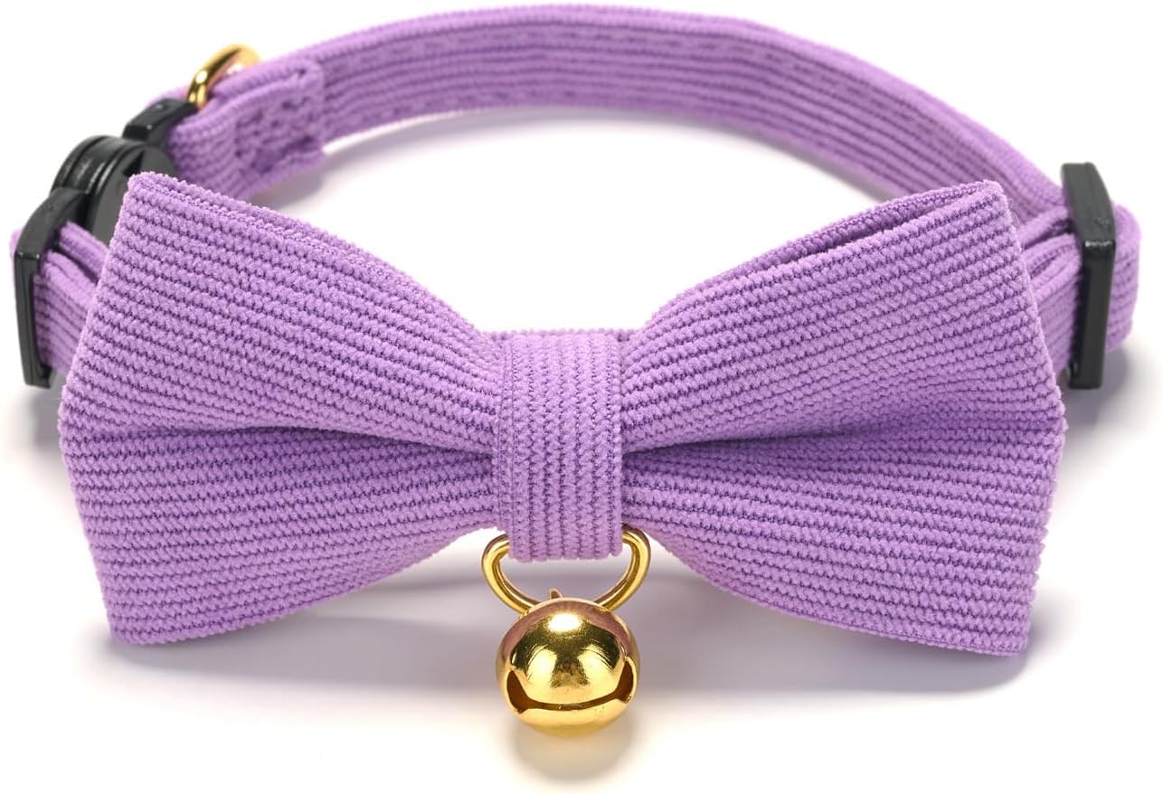 2 Pack Soft Corduroy Cat Collars with Bow Tie & Bell, Adjustable Breakaway Cotton Kitty Bowtie Collar for Girl Female Kitten (Pink & Purple)