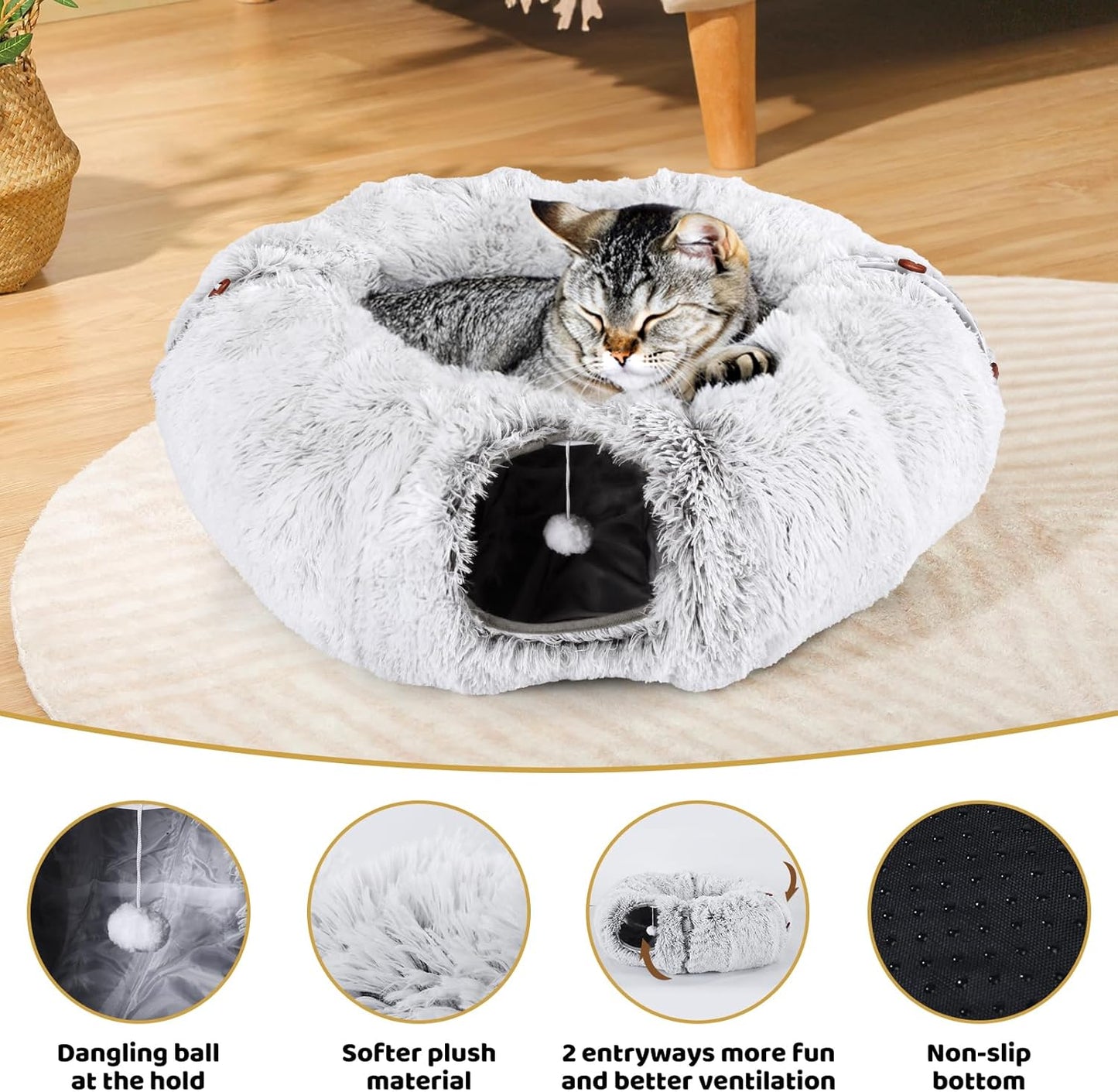 Odoland Cat Tunnel Bed with 20 Cat Toys - Indoor Plush Kitten Couch, Detachable Cats Cave Donut Tunnel & Soft Kitten Toy Set - Cozy Cat Furniture, White