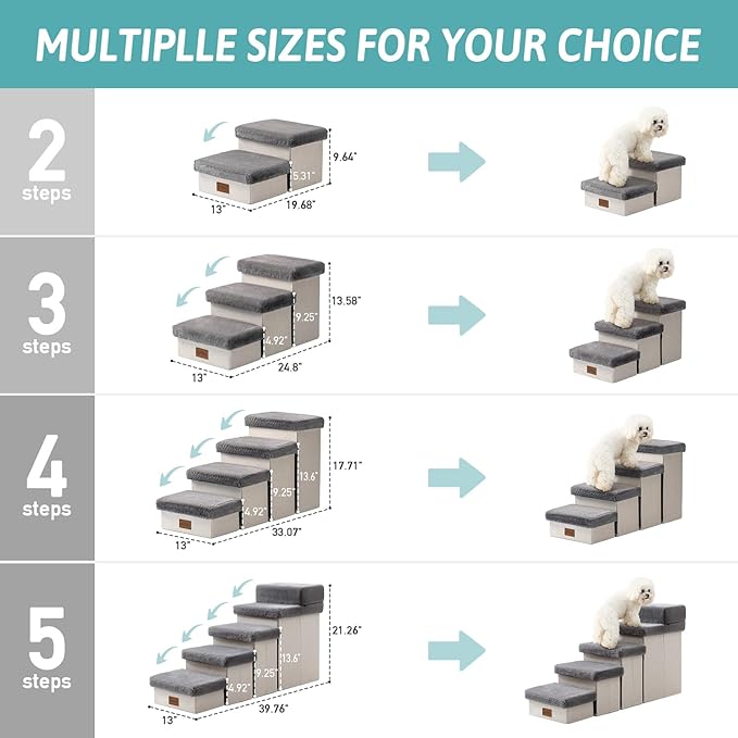 Dog Stair for Small Dogs with Storage, Foldable Pet Step with Soft Cover, Older Cat Ramp for Chair Couch Sofa, Lightweight, Durable, Comfort, 24.8x13x13.6 inch, 3 Tiers, Grey