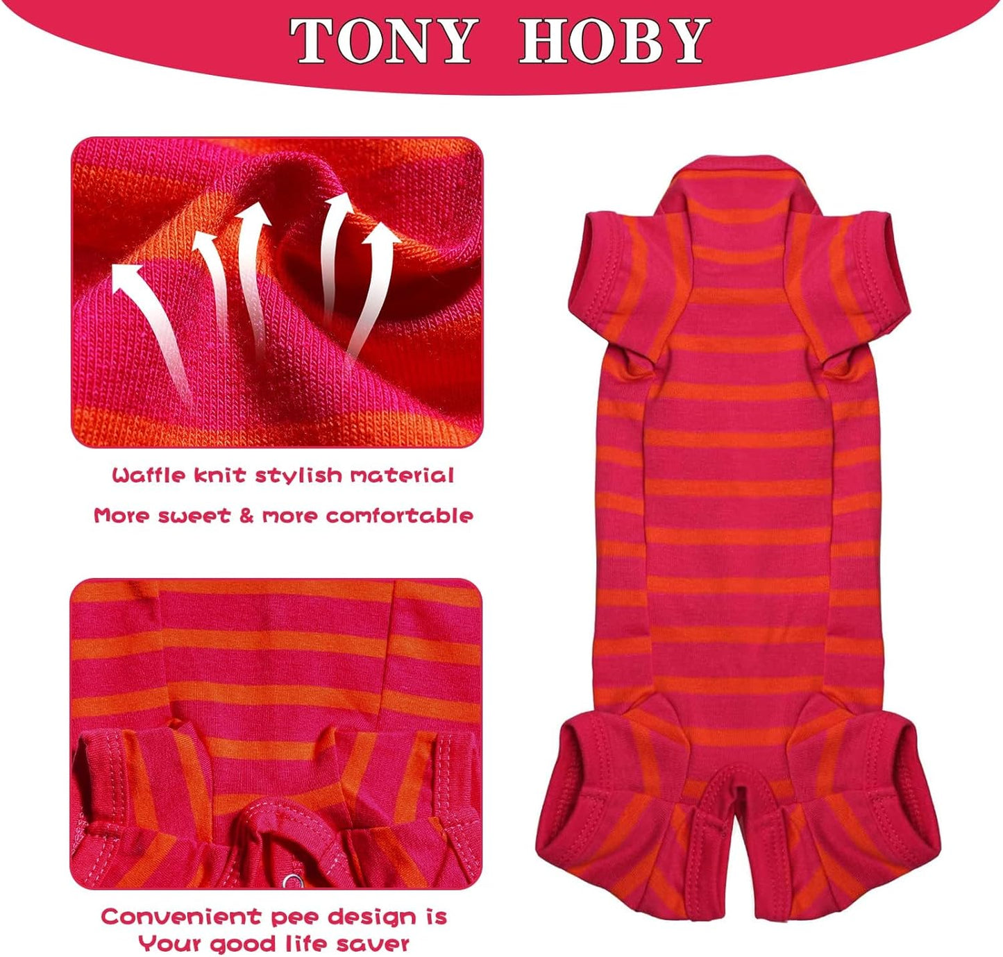 TONY HOBY Dog Pajamas, Female/Male Dog 4 Legged Pajamas, Soft Cotton Dogs Jumpsuit with Stripes (Rose Red&Orange, Girl, XS)