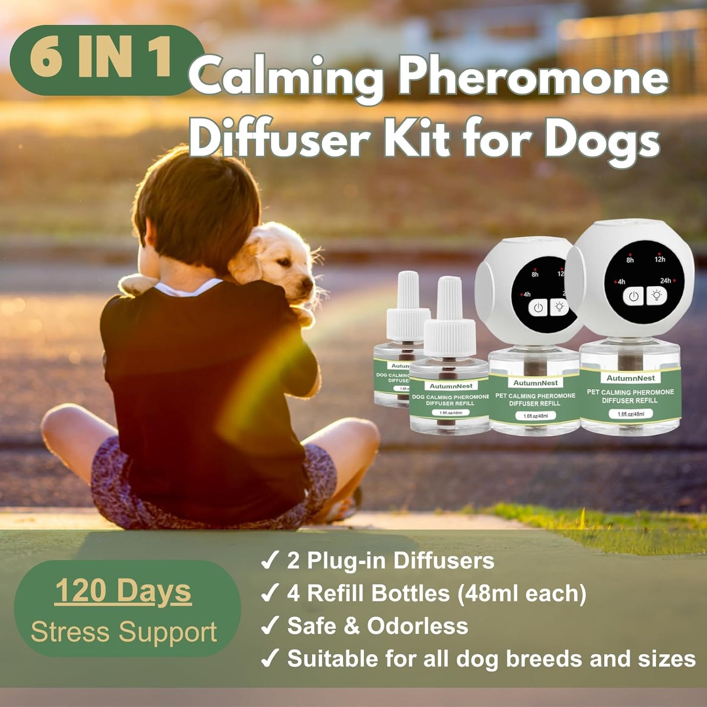 Dog Calming Pheromone Diffuser Kit with Timer – 2 Plug-Ins + 4 Refills – Smart 4-Level Timing Calming Aid – Stress Relief for Dogs – Help with Anxiety, Barking, Fighting, Thunder, Travel, Vet Visits