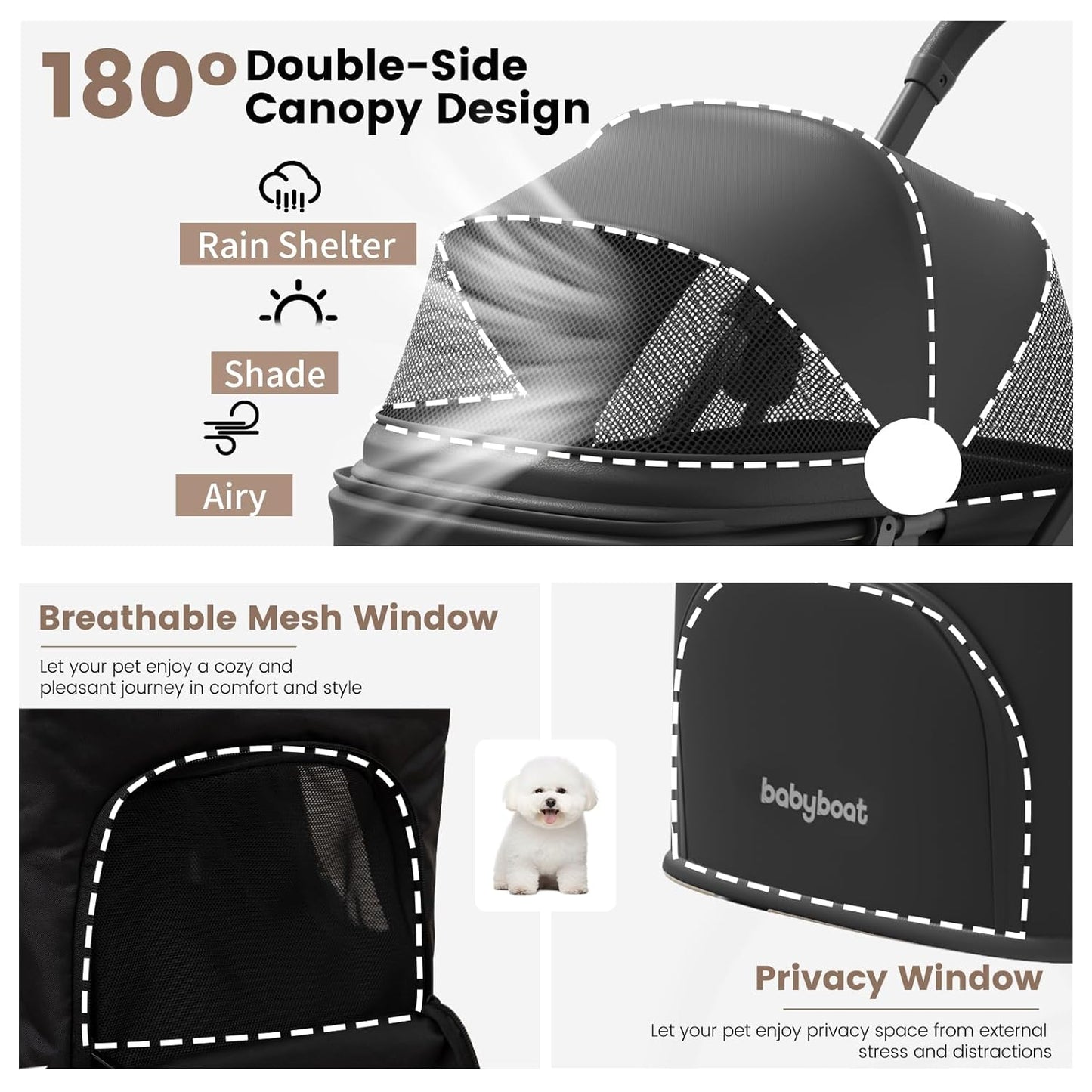 Lightweight Dog Stroller for Small Dogs & Cats Portable Compact Folded Pet Stroller Up to 35lbs Medium Pets One Click Folding Large Cat Carriage with Convertible Canopy Storage Basket-Black