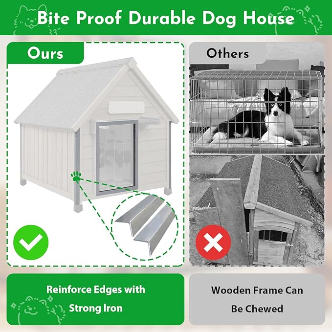 Outdoor Dog House Weatherproof Large Wooden Dog Kennel Indoor for Small Dogs with Chew-Proof Frame, Oxford Fabric Window, Removable Floor Pet Shelter (Grey, 26" D x 31.9" W x 32" H)