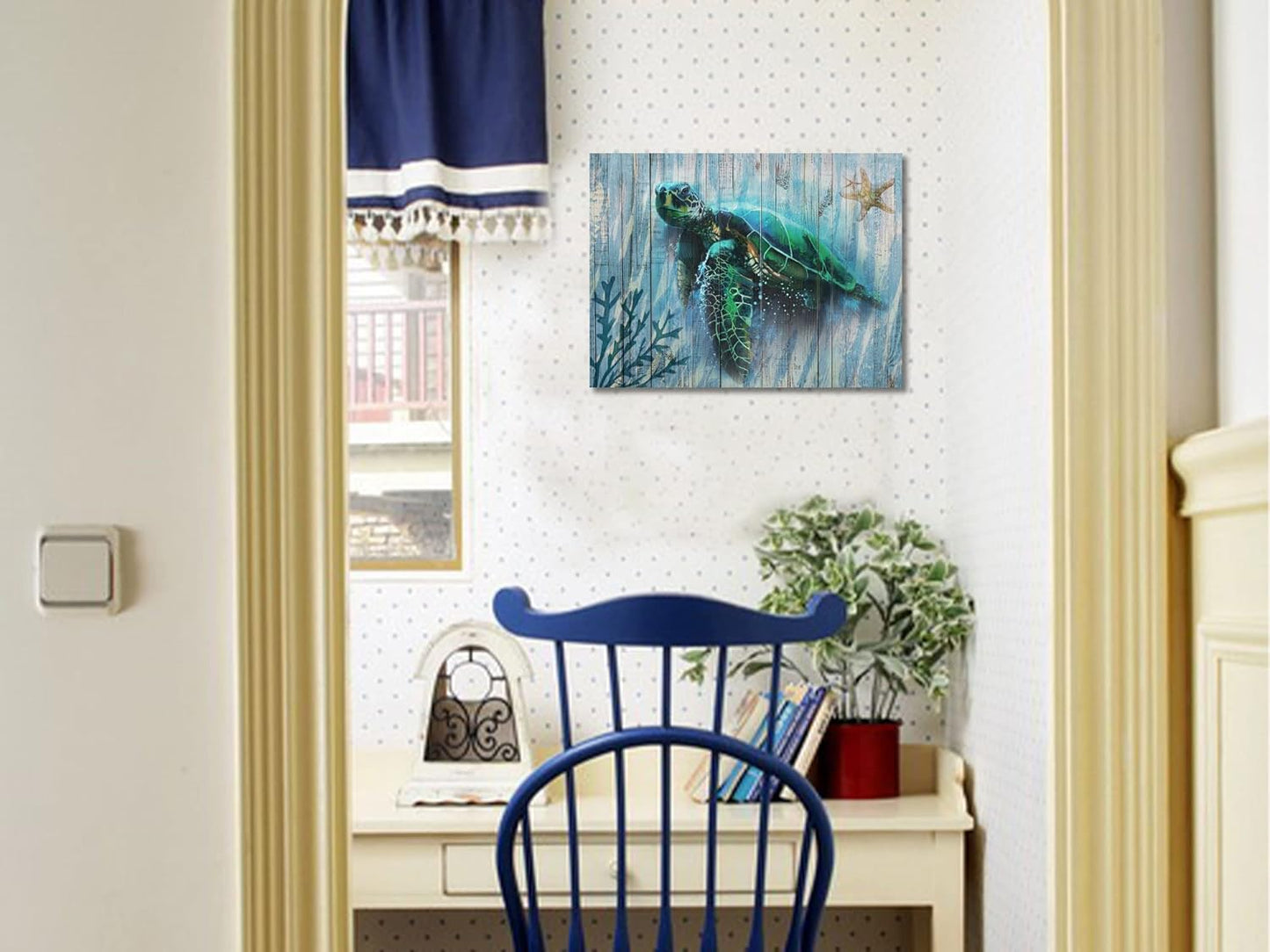 Arjun Bathroom Decor Blue Wall Art Canvas Green Sea Turtle Teal Submarine Picture, Blue Modern Landscape Painting Framed for Living Room Bedroom Home Office Wall Decor, 16"x12"