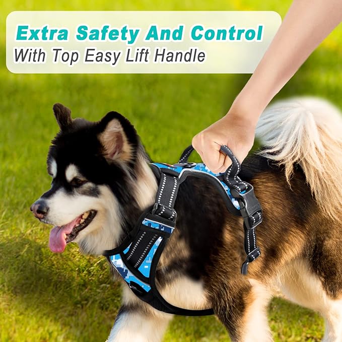 BARKBAY No Pull Dog Harness Large Step in Reflective Dog Harness with Front Clip and Easy Control Handle for Walking Training Running(Blue camo,L)