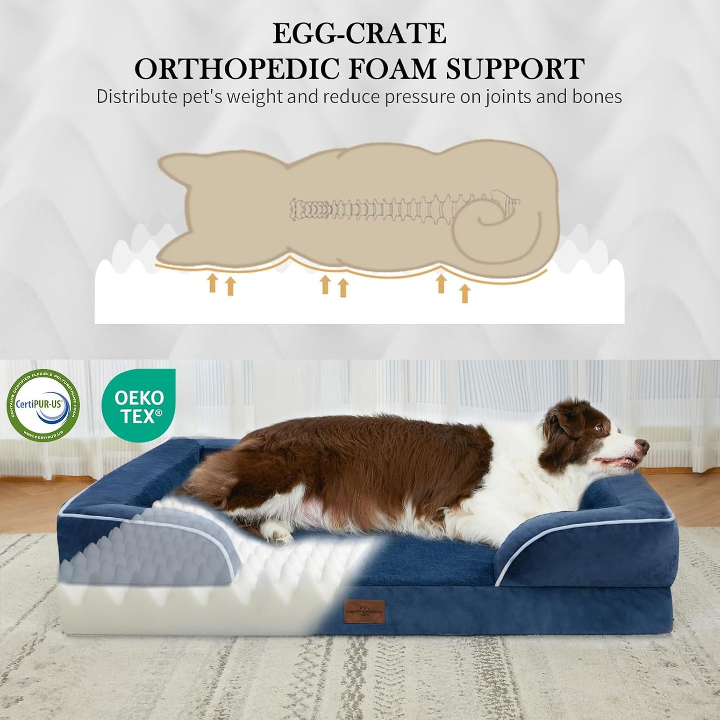 Comfort Expression Extra Large Dog Beds, Waterproof Orthopedic Foam Dog Beds, XL Dogs Bed with Bolster, Washable Dogs Sofa Pet Bed with Removable Cover & Non-Slip Bottom(X-Large,Navy Blue)