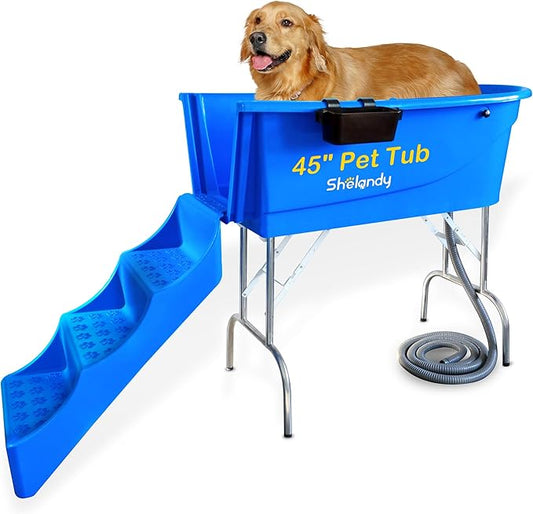 SHELANDY 45" Pet Grooming Bathtub Dog Wash Station | Heavy Duty Bathing Tub (Bathtub & Stairs Combo)
