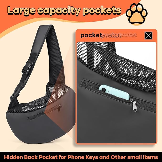 YUDODO Pet Sling Carrier for Small Dogs & Cats – Hands-Free Puppy Carrier with Safety Hook, Large Zipper Pocket, Soft Breathable Mesh, Adjustable Strap & Reflective Strip (Gray 3.0 S)