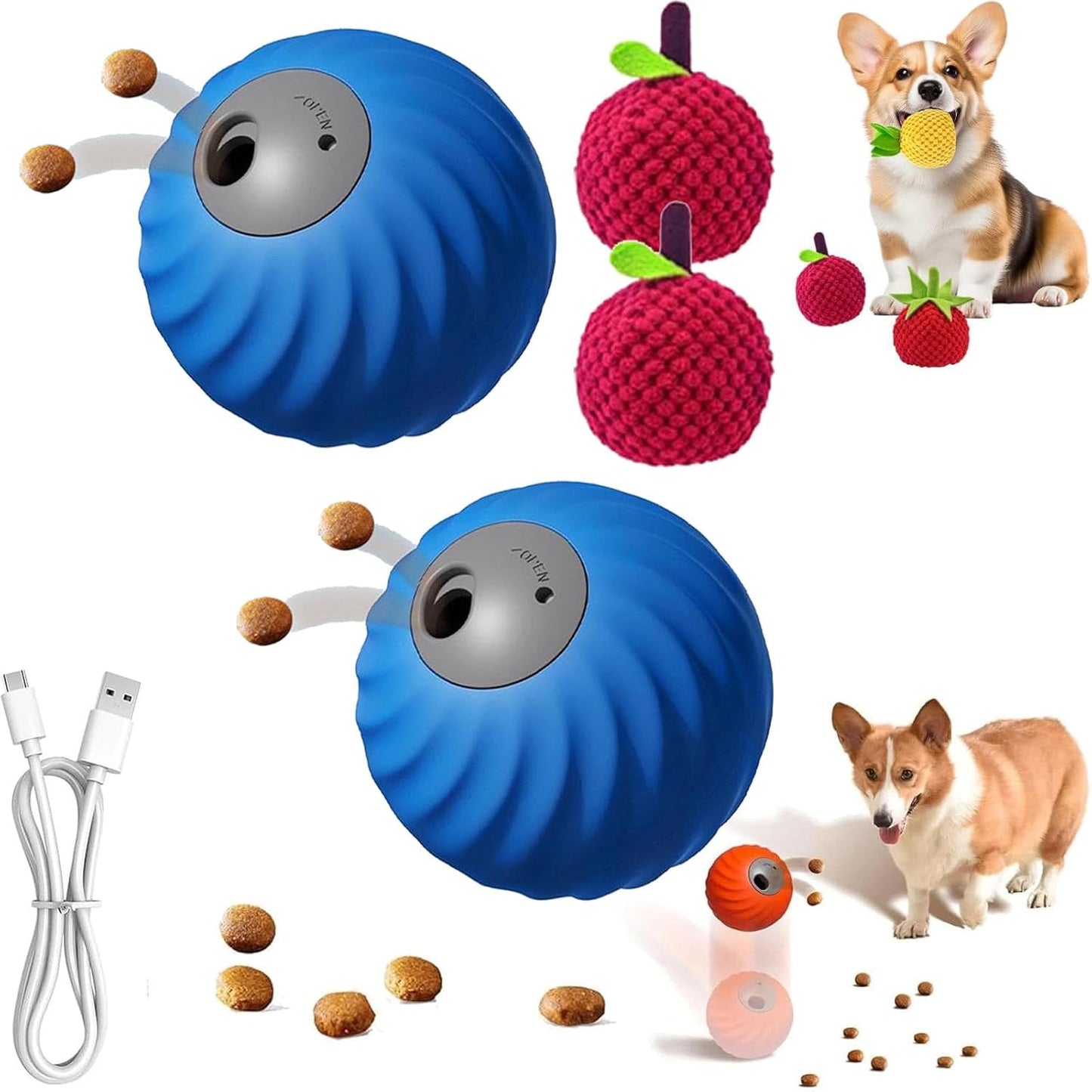 Zoomie Buddy 2.0, Zoomie Buddy for Dogs, 2 in 1 Smart Touch Interactive Dog Balls ＆ Pet Feeder, 2.83" Diameter, Suitable for Small/Medium Dogs, with Fruit Plush Cover (2*Blue, Bayberry)