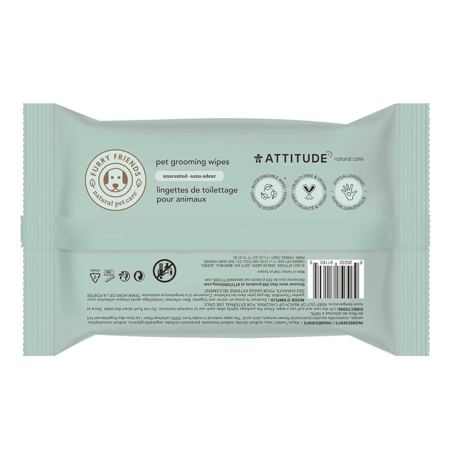 ATTITUDE Pet Grooming Wipes, Hypoallergenic Plant and Mineral-Based Ingredients, Vegan and Cruelty-Free Biodegradable Products, Unscented, 72 count (Pack of 2)