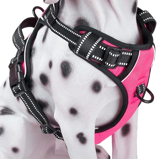 PoyPet No Pull Dog Harness, Reflective Comfortable Vest Harness with Front & Back 2 Leash Attachments and Easy Control Handle Adjustable Soft Padded Pet Vest for Small to Large Dogs (Pink,L)