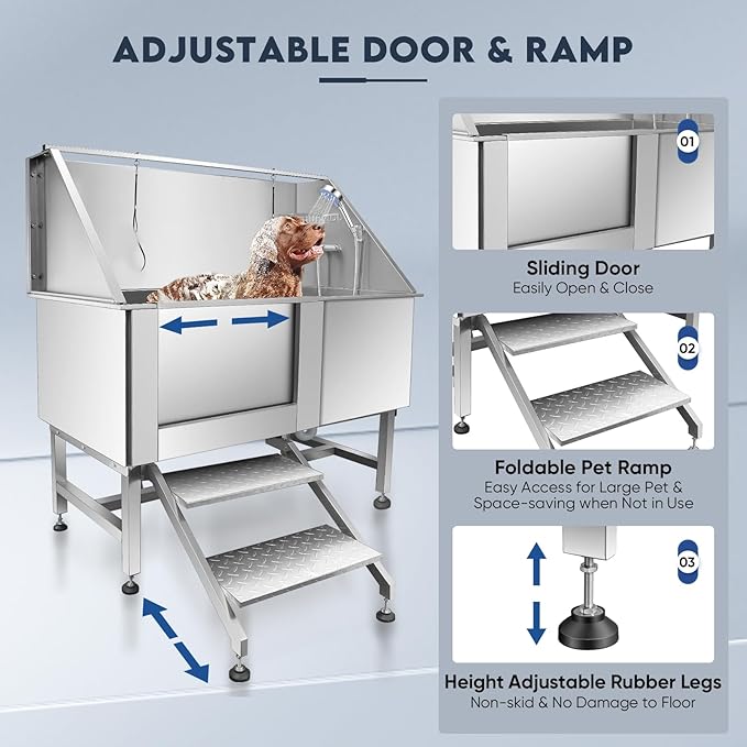 Dog Bathtub XL Professional 62inch Dog Washing Station Stainless Steel Pet Grooming Tub for Extra Large Dogs Wash Tub, Medium, Small Dogs Cats with Left Sliding Doors, Steps, Right Faucets
