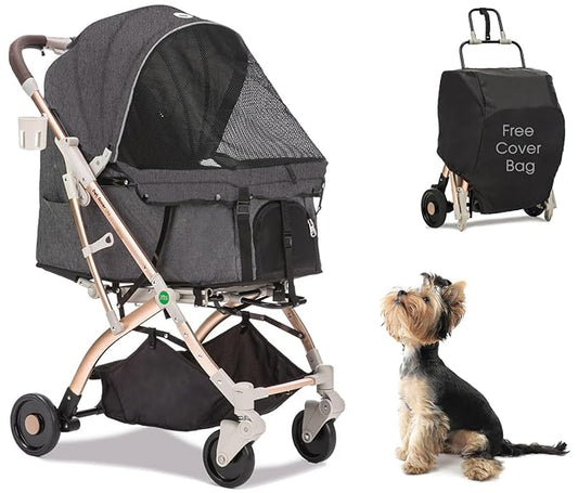 HPZ-PR America Pet Rover Lite Premium Light-Weight Dog/Cat/Pet Stroller Travel Carriage with Convertible Compartment/Aluminum Frame for Small & Medium Pets (Gray 2nd-Gen.)
