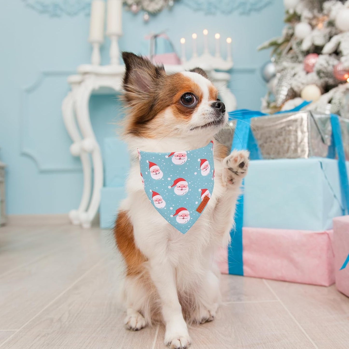 PTDECOR Christmas Dog Bandana, Xmas Light Bulb Santa Reversible Holiday Dog Scarf, Triangle Christmas Bandanas for Small Dogs Pets (Small)