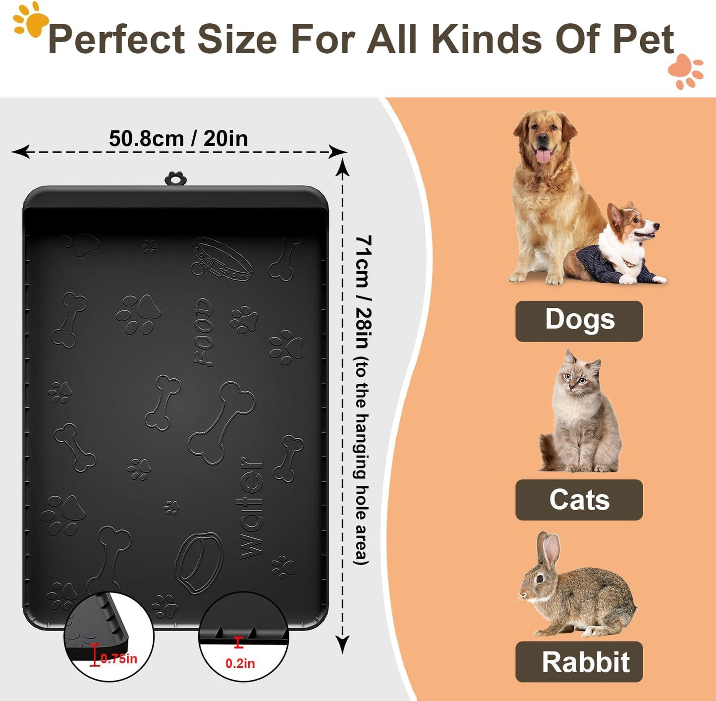 Dog Food Mat - Silicone Dog Mat for Food and Water - 28" x 20" Pet Feeding Mats with Residue Collection Pocket - Waterproof Dog Cat Bowl Mat with High Edges to Prevent Water Food Spills (Black)
