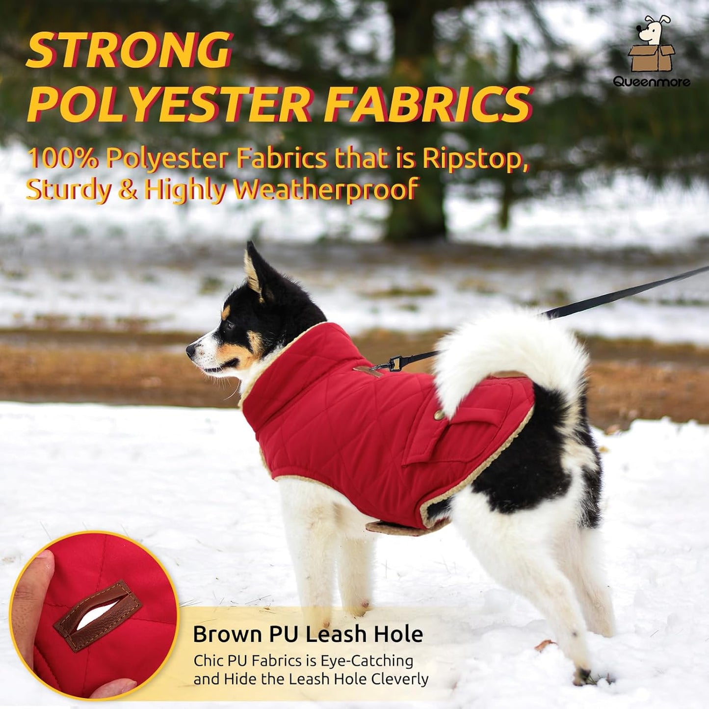 Queenmore Warm Dog Coat, Cold Weather Puffer Jacket with Ultra Thick Plush Lining and Storage Pockets (Red, Medium)