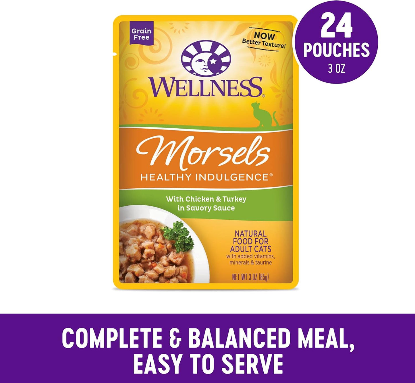 Wellness Healthly Indulgence Morsels Adult Wet Cat Food, Natural, Protein-Rich, Grain Free, 3 Ounce Pouch, 24 Pack, (Chicken & Turkey)