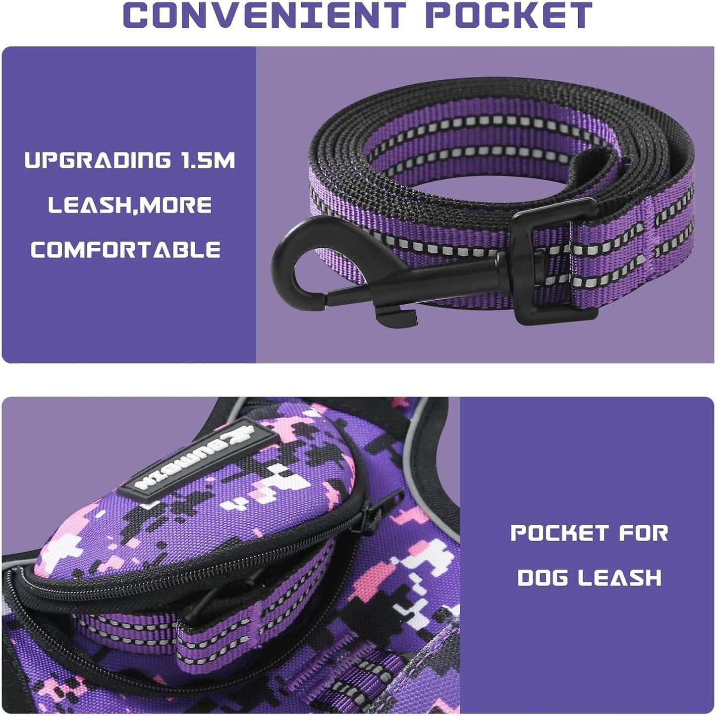 No Pull Dog Harness for Large Dogs, Adjustable No Choke Pet Vest with Dog Leash Fit Smart Reflective Pet Walking Harness for Training Easy Control Soft Handle Purple Camo L