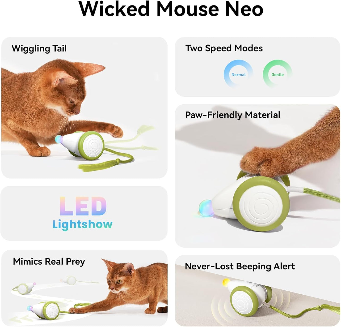 Cheerble Interactive Cat Toys for Indoor Cats, Automatic Moving Kitten Toys, Wicked Mouse Neo Cat Toy with Tail & Lights, Pet Cat Supplies, Rechargeable Cat Toys for Bored Indoor Adult Cats,Green