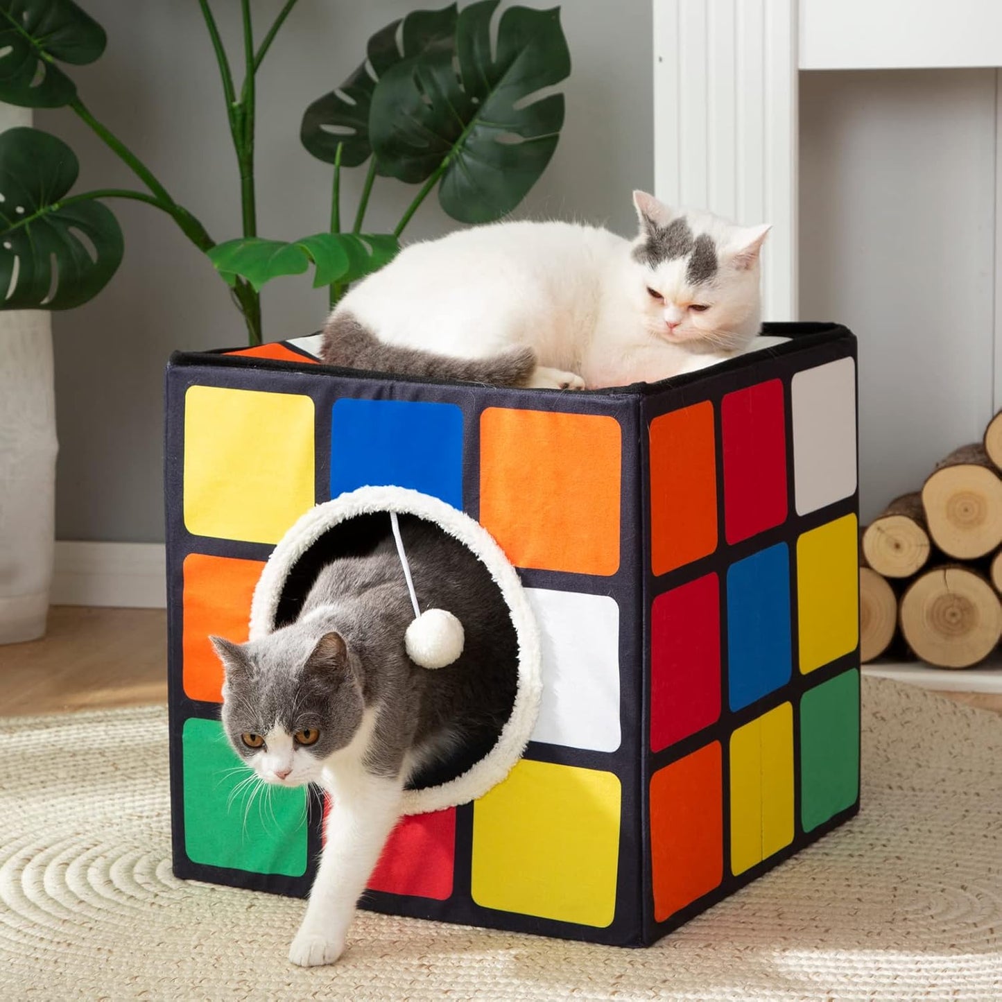 LUCKITTY Cat Condo House with Reversible Cushions and Fluffy Ball Hanging, Foldable Magic Cube, Large Cave Bed for Indoor Cats, Unique Puzzle Shape 15.7“ x 15.7" x 13.4”