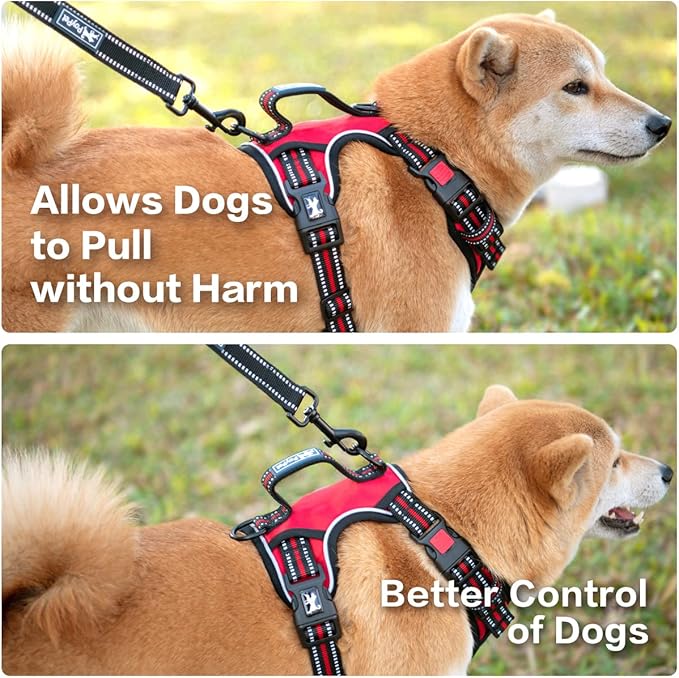 PoyPet No Pull Dog Harness, No Choke Front Clip Reflective Dog Vest with Soft Padded Vertical Handle, 3 Leash Attachments for Small Medium Large Dogs (Red,S)