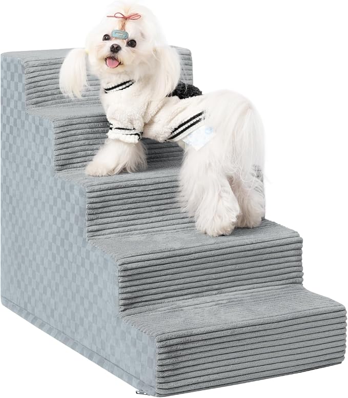Dog Stairs for Small Dogs,22" H,5-Step Dog Steps for Bed and Couch with High Density Foam,Non-Slip Pet Steps for Doggy and Cat,Pet Stairs with a Washable Cover,Grey