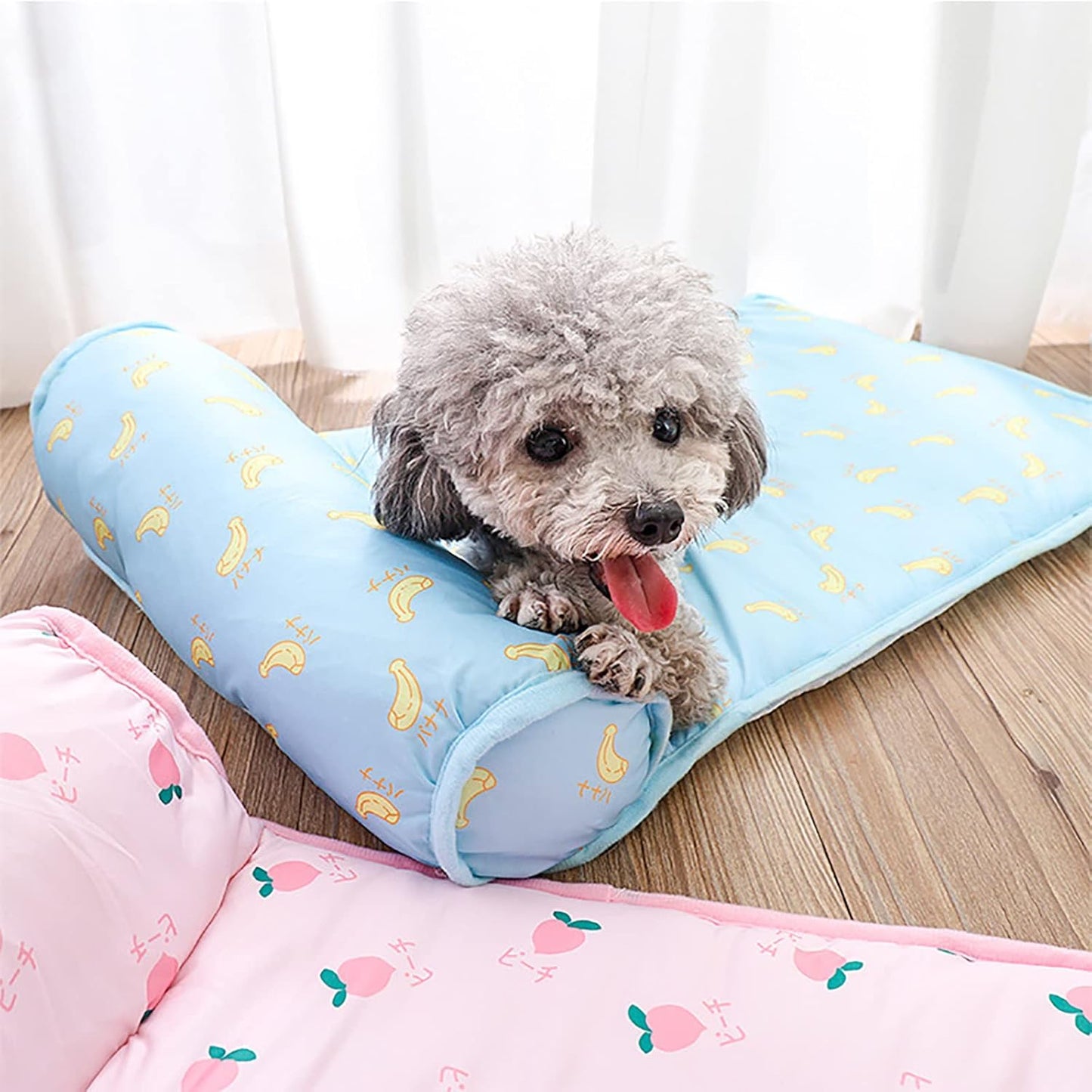 PUMYPOREITY Cooling Dog Bed, Pet Cooling Mat with Pillow, Ice Silk Cooling Dog Blanket, Self Cooling Pad for Cat,Dog, Washable Summer Pet Mat for Kennel, Crates, Sofa, Floor, Blue, L