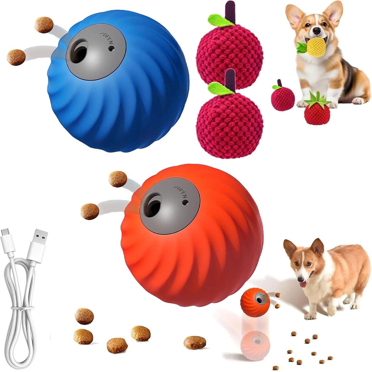 Zoomie Buddy 2.0, Zoomie Buddy for Dogs, 2 in 1 Smart Touch Interactive Dog Balls ＆ Pet Feeder, 2.83" Diameter, Suitable for Small/Medium Dogs, with Fruit Plush Cover (Blue+Orange, Bayberry)