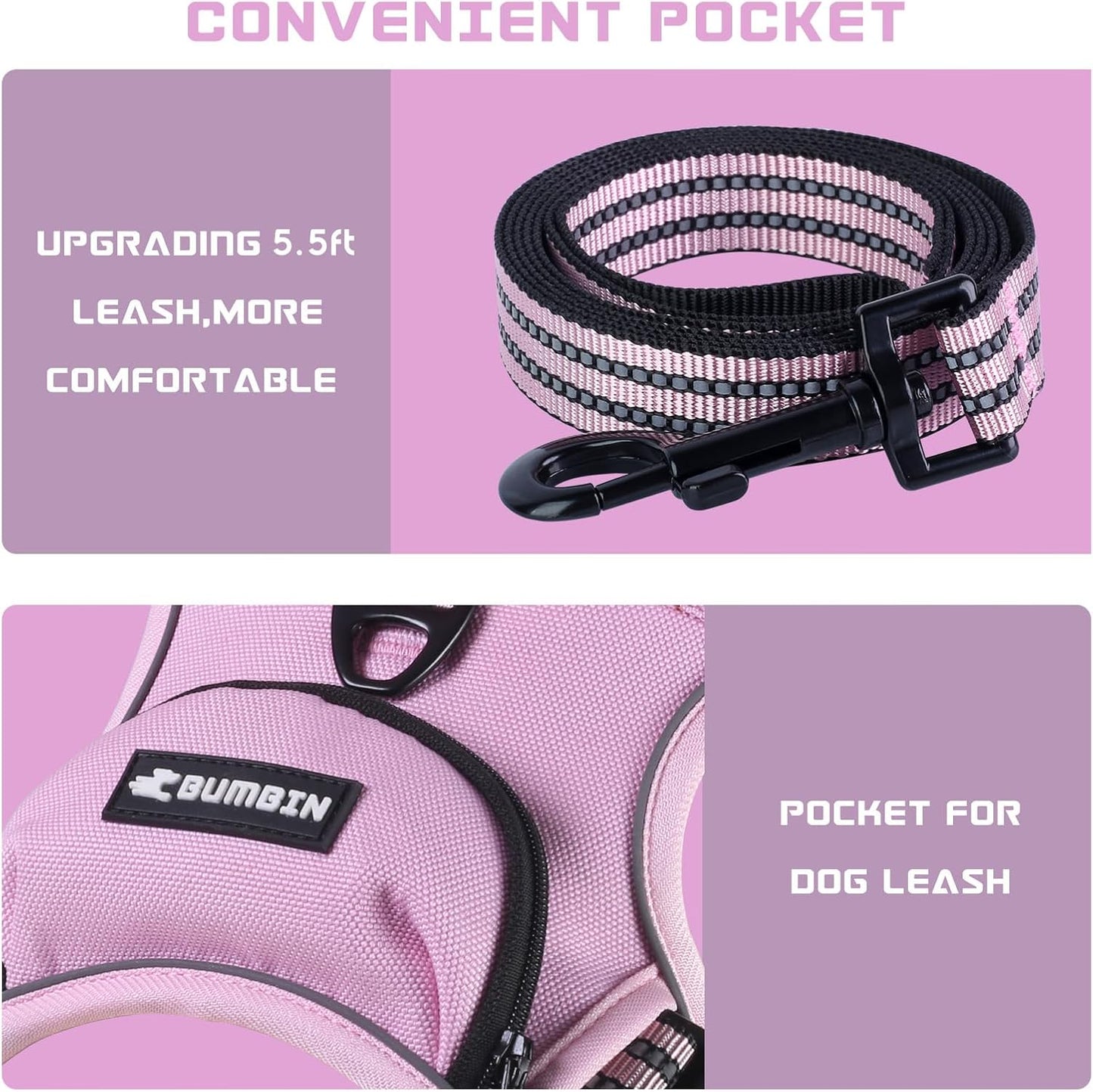 BUMBIN Dog Harness for Large Dogs, No Pull Adjustable No Choke Pet Vest with Dog Leash Fit Smart Reflective Pet Walking Harness for Training Easy Control Soft Handle Pink M