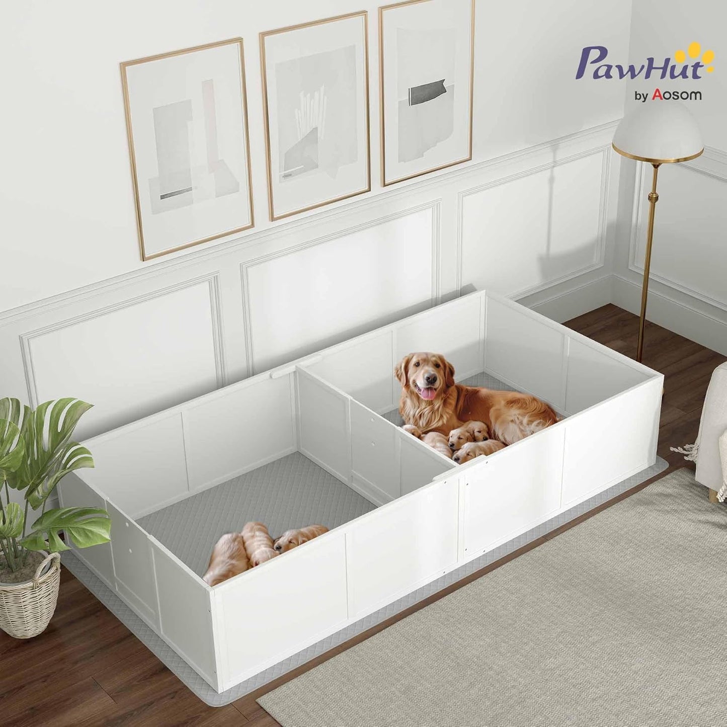 PawHut Whelping Box for Dogs and Puppies, Whelping Pen with Washable Waterproof Pee Pad & Adjustable Door for Large, Medium and Small Dogs, White, 96" x 47" x 19"
